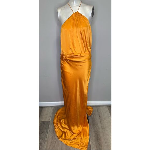 NWT THE SEI Women's Satin Silk Pleated Halter Gown In Mango Size 10 $1125 - Picture 5 of 11